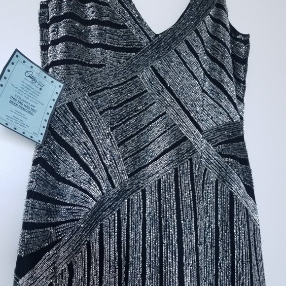 NWT Basix Black Label Sequin Beaded Black and Silver Mini Dress 6 100% Silk - Picture 4 of 5